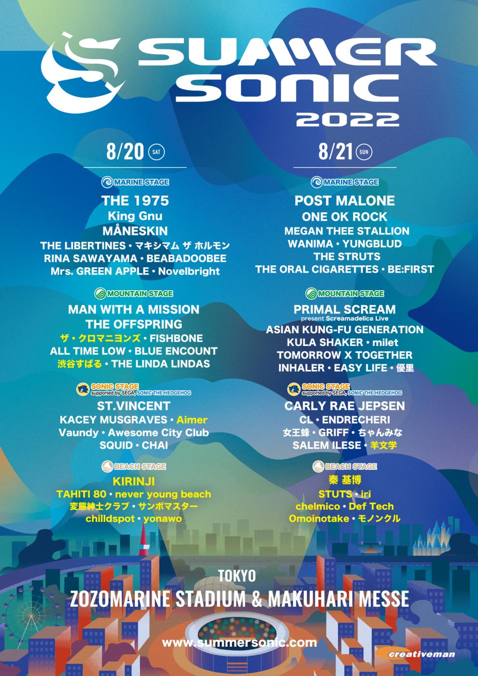 8月21日(日)開催の「SUMMER SONIC 2022」、〈BEACH STAGE〉のヘッド ...